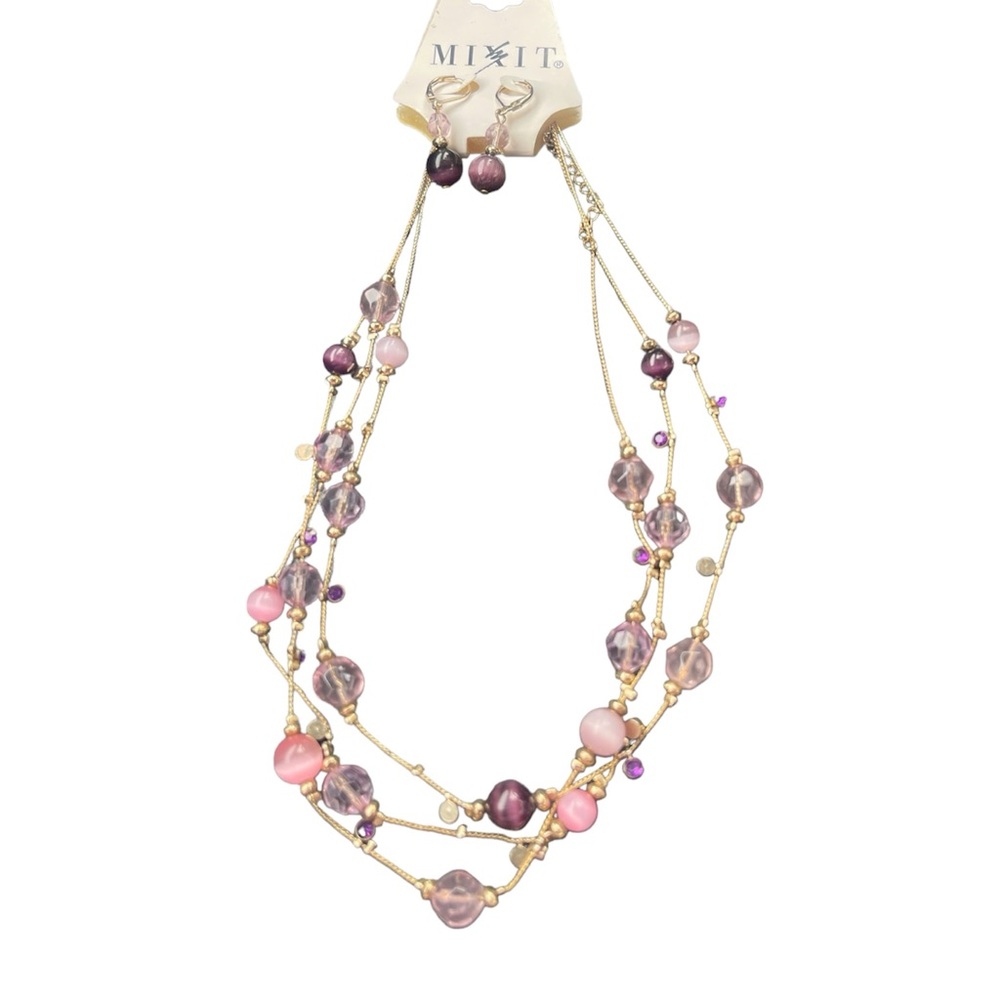 NEW 16" Necklace & Earrings Pink Purple Cat's Eye Beaded Crystal Multi strand‎